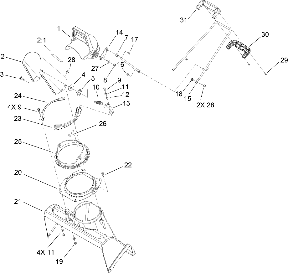 Chute Assembly Diagram and Parts List for 33006 260000001 - 260999999 Lawn Boy Snow Blower